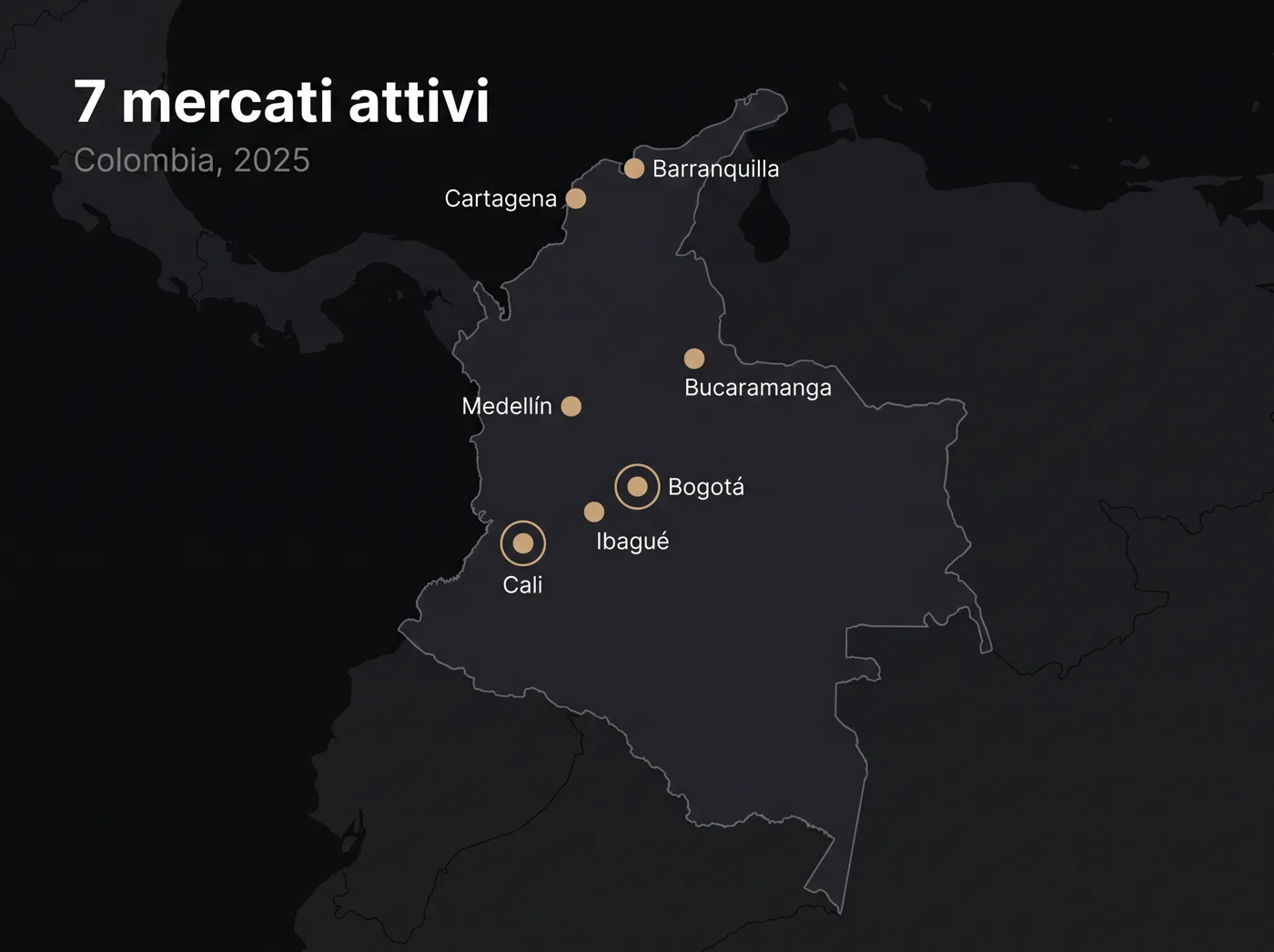 La mappa dei sette mercati attivi in Colombia, con Bogotá e Cali in evidenza